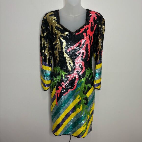 Vintage Dresses & Skirts - Vintage 80s fully Sequin beaded dress colorful abstract art to wear fits small
